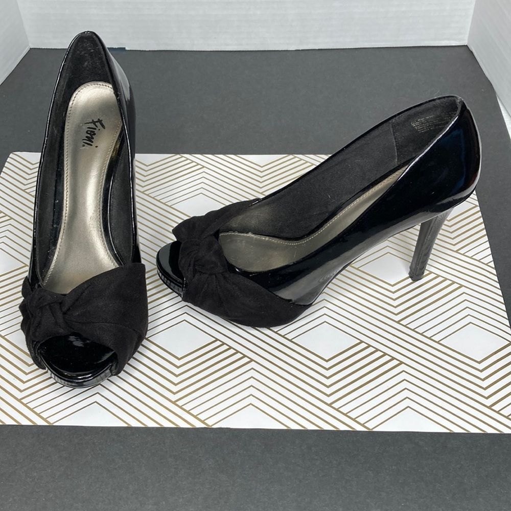 Fiona Shoes Black Patient and Faux Suede Peep Toe Pumps Heels Shoes
